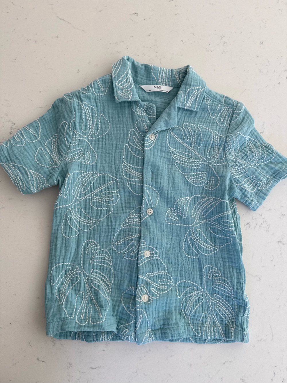 Light Teal Short-Sleeve Button-Up Shirt with Leaf Stitch Detail